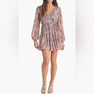LUSH Floral Long Sleeve Faux Wrap Minidress size small